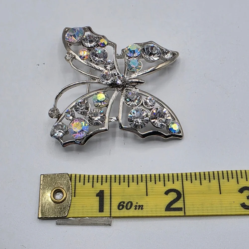 Silver Tone Butterfly Brooch Clear‎ Aurora Borealis Rhinestone Crystal Pin Glam